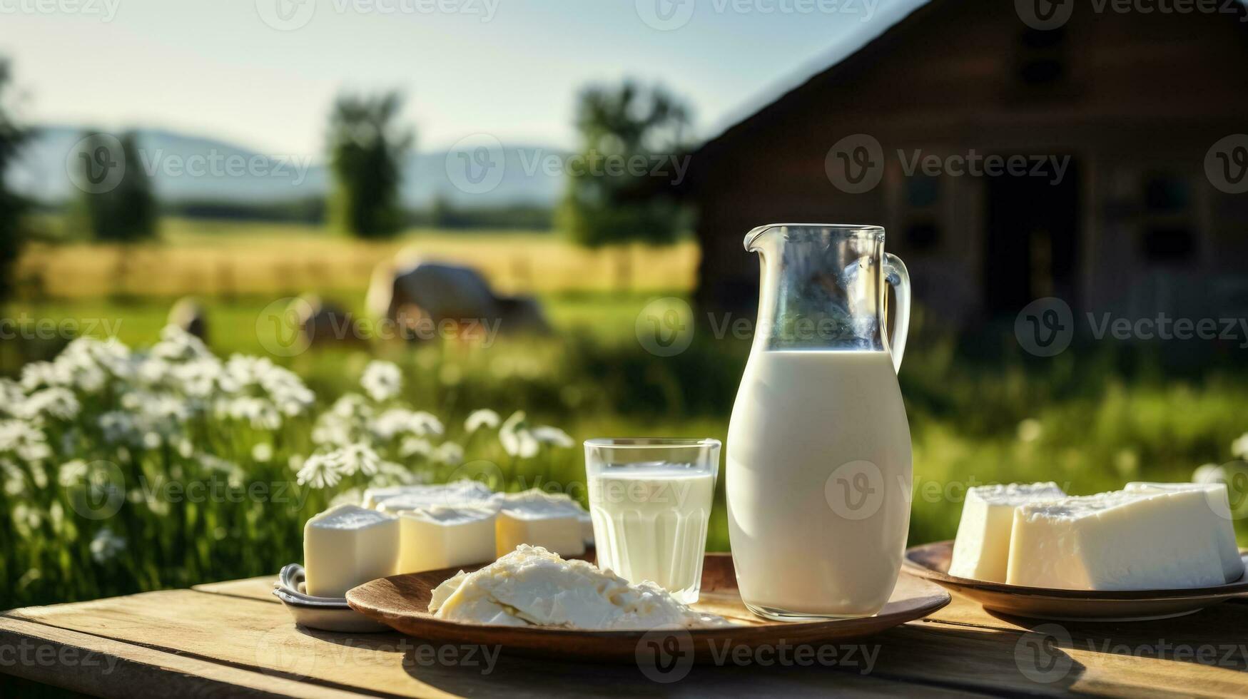 Bottle of milk glass of milk and plate of cheese on table in front of a field with cows photo