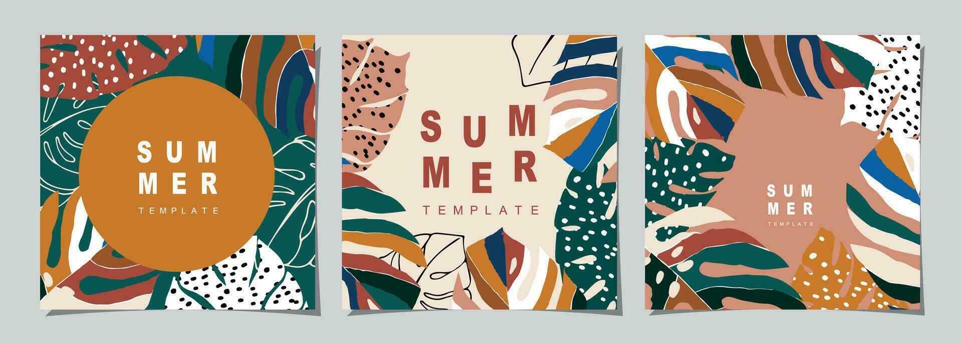 Summer template set for poster, card, cover, label, banner in modern minimalist style and simple summer design templates with tropical leaves, flower, and plants. vector