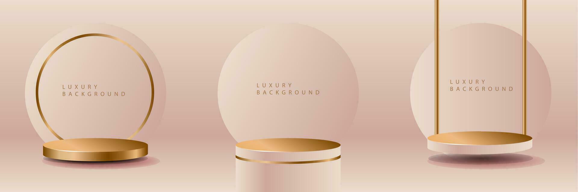 Luxury background with realistic cylinder pedestal podium. Abstract vector rendering geometric forms. Mockup product display. Stand to show products. Minimal wall scene. Stage showcase.
