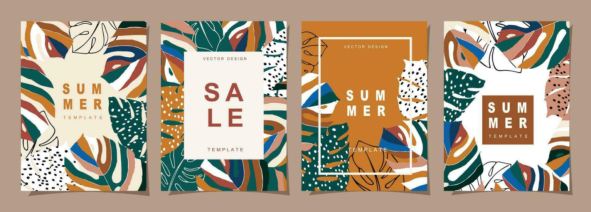 Summer template set for poster, card, cover, label, banner in modern minimalist style and simple summer design templates with tropical leaves, flower, and plants. vector