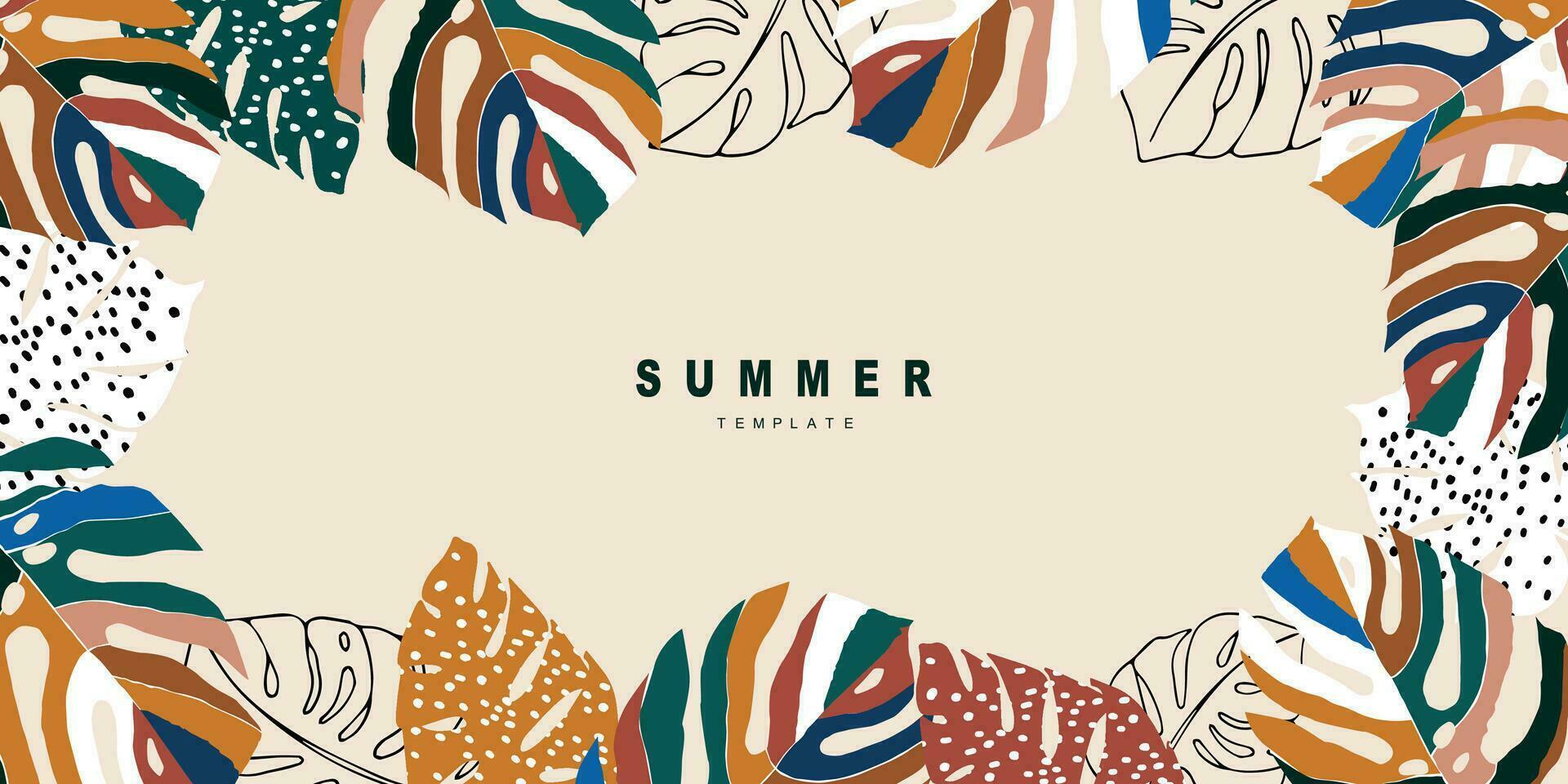Summer template for background, poster, card, cover, label, banner in modern minimalist style and simple summer design templates with tropical leaves, flower, and plants. vector