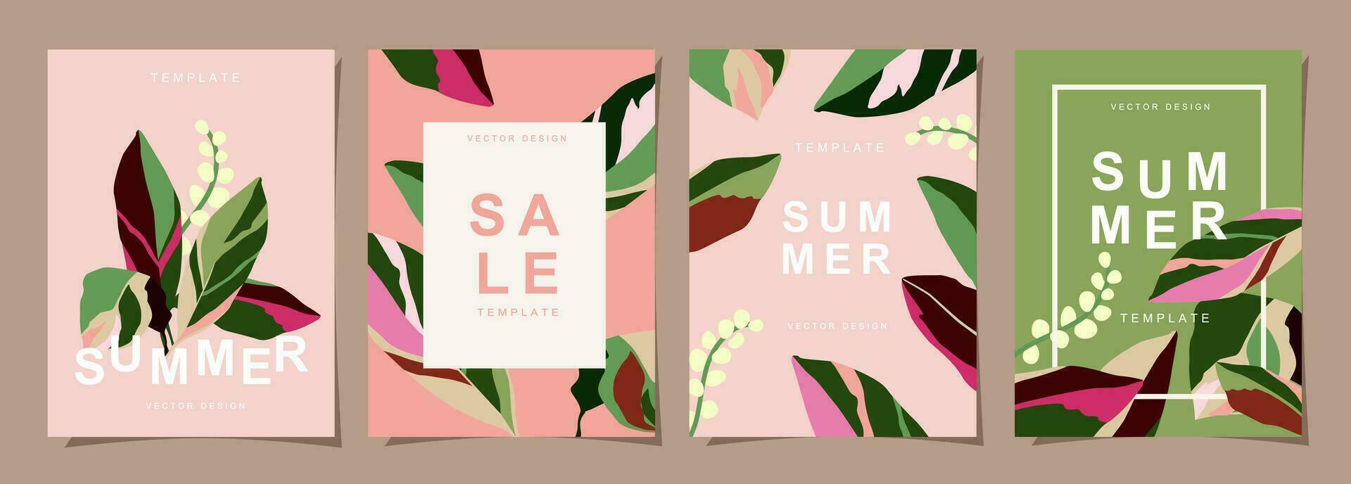 Summer template set for poster, card, cover, label, banner in modern minimalist style and simple summer design templates with tropical leaves, flower, and plants. vector