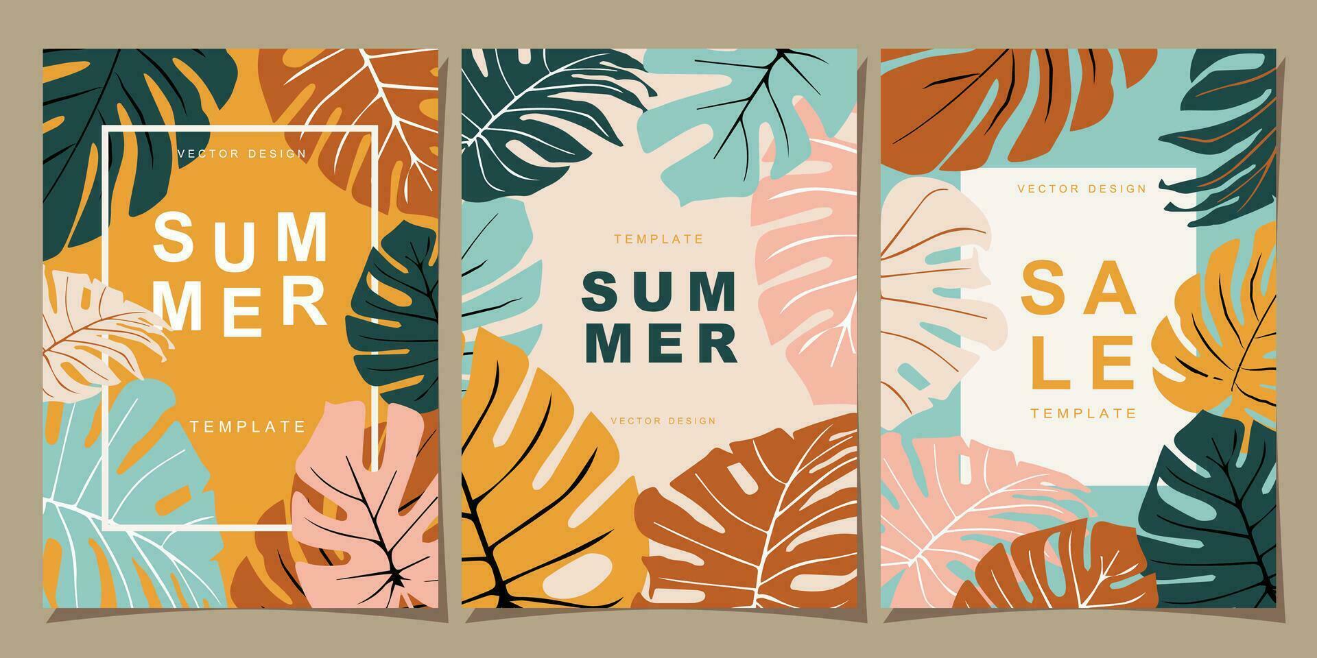 Summer template set for poster, card, cover, label, banner in modern minimalist style and simple summer design templates with tropical leaves, flower, and plants. vector