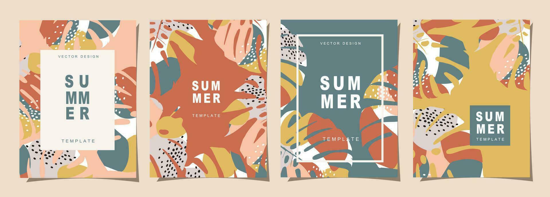 Summer template set for poster, card, cover, label, banner in modern minimalist style and simple summer design templates with tropical leaves, flower, and plants. vector