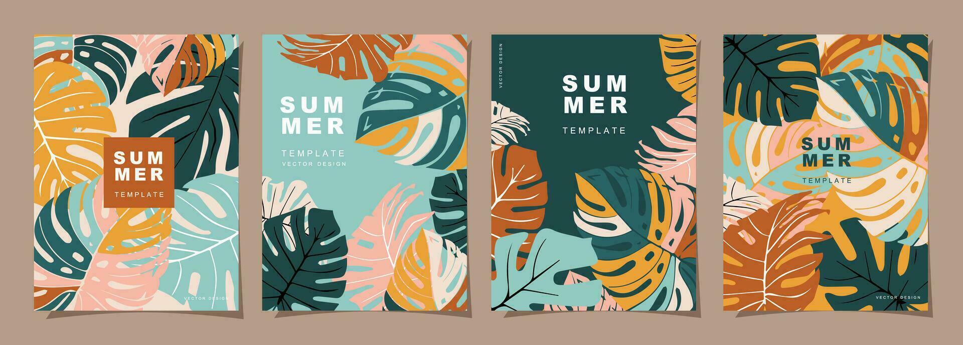 Summer template set for poster, card, cover, label, banner in modern minimalist style and simple summer design templates with tropical leaves, flower, and plants. vector