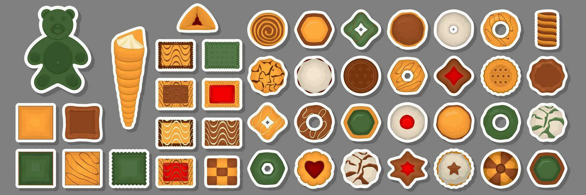 gran juego de galletas caseras de diferentes sabores en galletas de pastelería vector