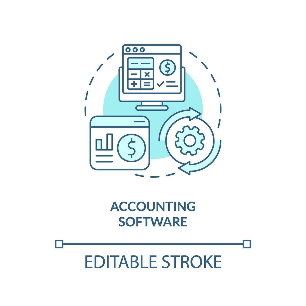Accounting software turquoise concept icon. Computer program. Accounting management abstract idea thin line illustration. Isolated outline drawing. Editable stroke vector