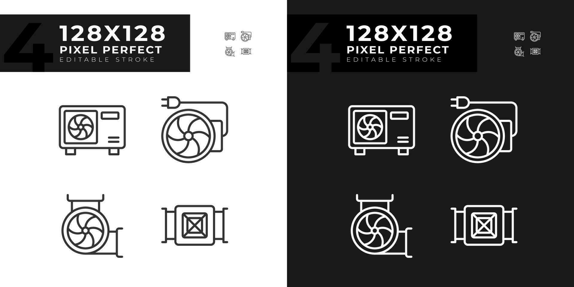 Hvac equipment linear icons set for dark, light mode. Air condition. Building construction. Temperature control. Thin line symbols for night, day theme. Isolated illustrations. Editable stroke vector