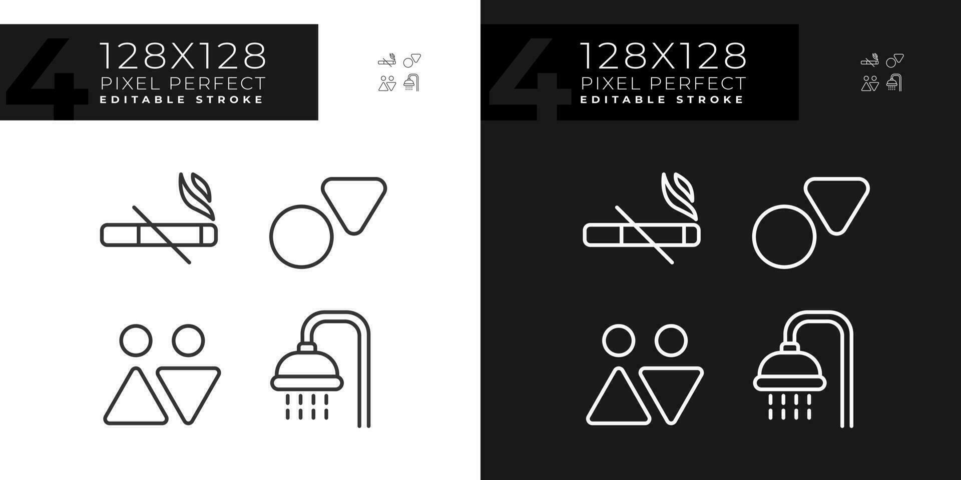 Toilet signs and service pixel perfect linear icons set for dark, light mode. Smoke prohibition in public restroom. Thin line symbols for night, day theme. Isolated illustrations. Editable stroke vector