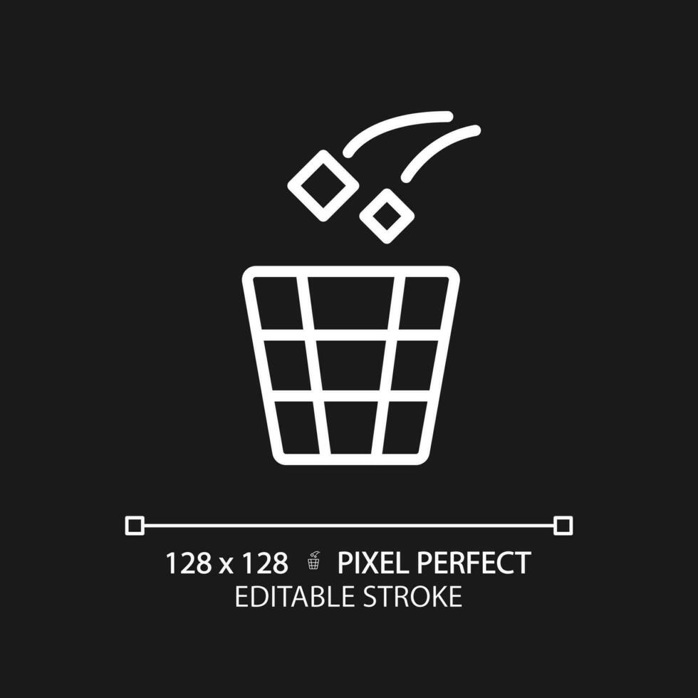 Throw rubbish pixel perfect white linear icon for dark theme. Use litter bin in toilet room. Put garbage in container. Thin line illustration. Isolated symbol for night mode. Editable stroke vector