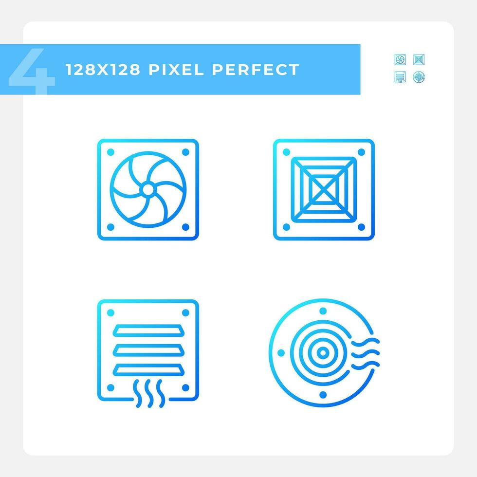 Air system gradient linear vector icons set. Energy efficiency. Home ventilation. Air conditioning. Hvac service. Thin line contour symbol designs bundle. Isolated outline illustrations collection