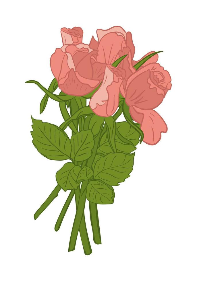 Vector flat pink roses bunch on white background. Isolated colored outline botany composition. Floral illustration. Perfect for greeting card, invitation, banner, social media graphics