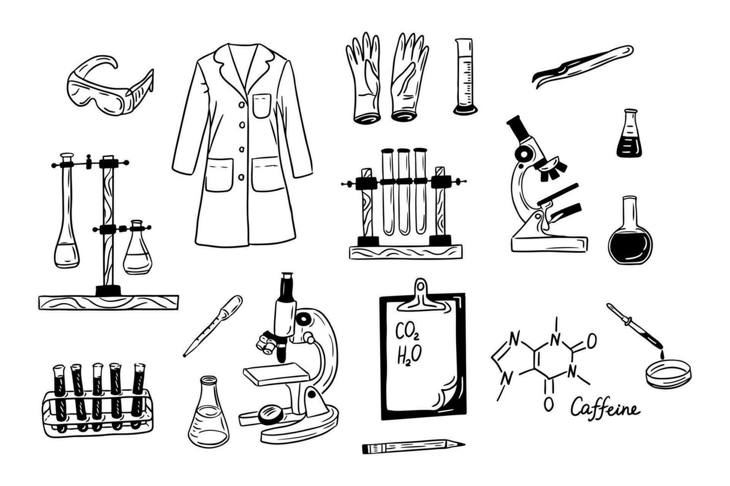 WCollection of hand drawn doodle science items. Vector isolated outline elements on white background. Test tubes, microscope, pipettes, tripod. Sketch design. Ideal for coloring pages, stickers, tatoo