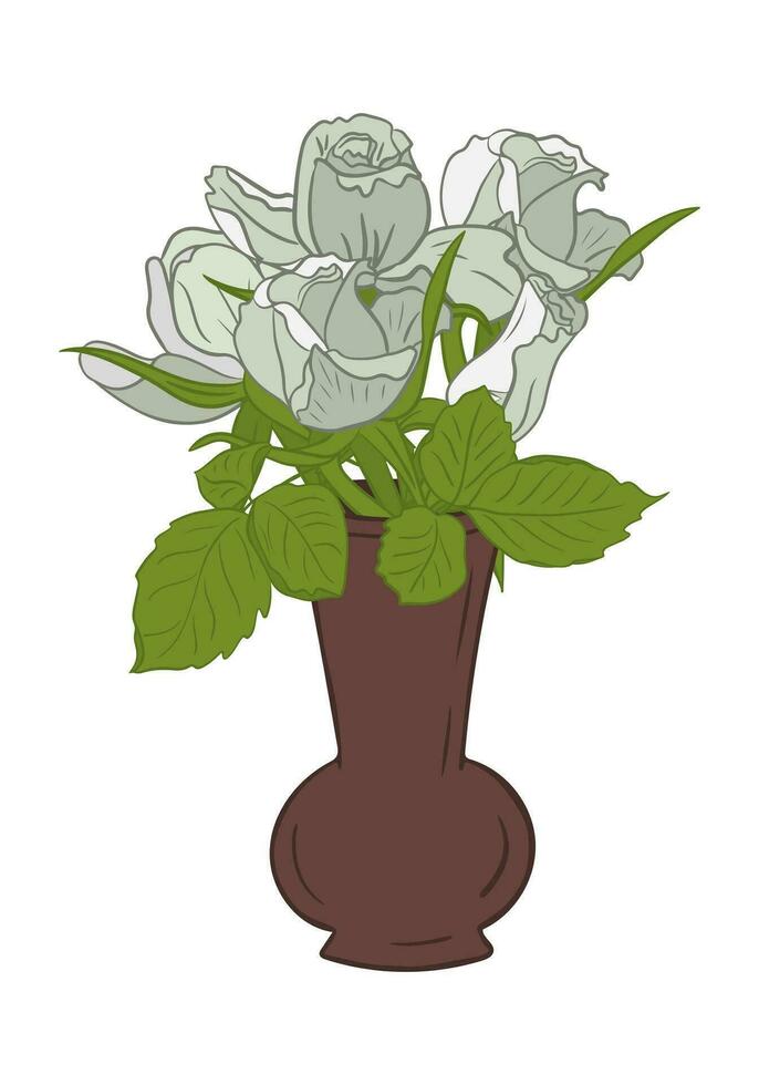 Vector white roses bouquet in ceramiv vase. Isolated flat colored outline composition on white background. Unique floral illustration. Perfect for greeting card, invitation, banner, social media post