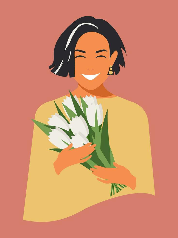 hermosa morena mujer en un amarillo vestir es contento y sostiene un ramo de flores de blanco tulipanes un elegante niña con flores brilla con felicidad en su De las mujeres día. vector. vector