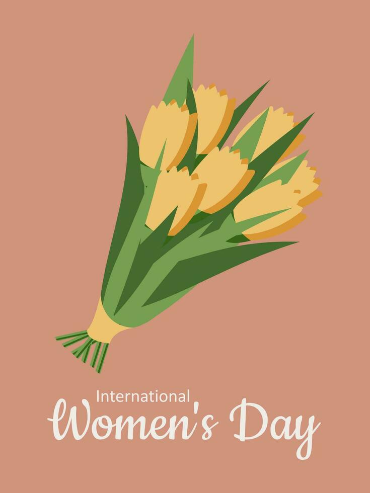 ramo de flores de Siete hermosa amarillo tulipanes en un rosado antecedentes. saludo primavera tarjeta para mujer en internacional De las mujeres día marzo 8. vector. vector