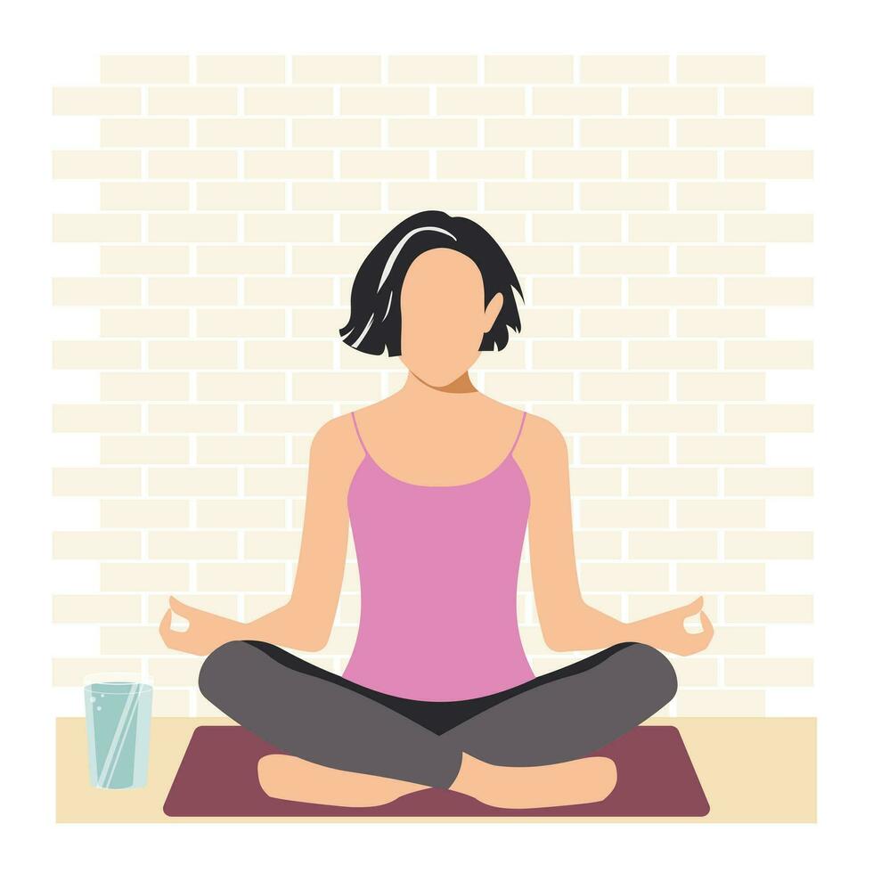 The woman sitting in the lotus position is practicing meditation, is happy and feels great, radiating positive feminine energy. Yoga practice. Vector. vector