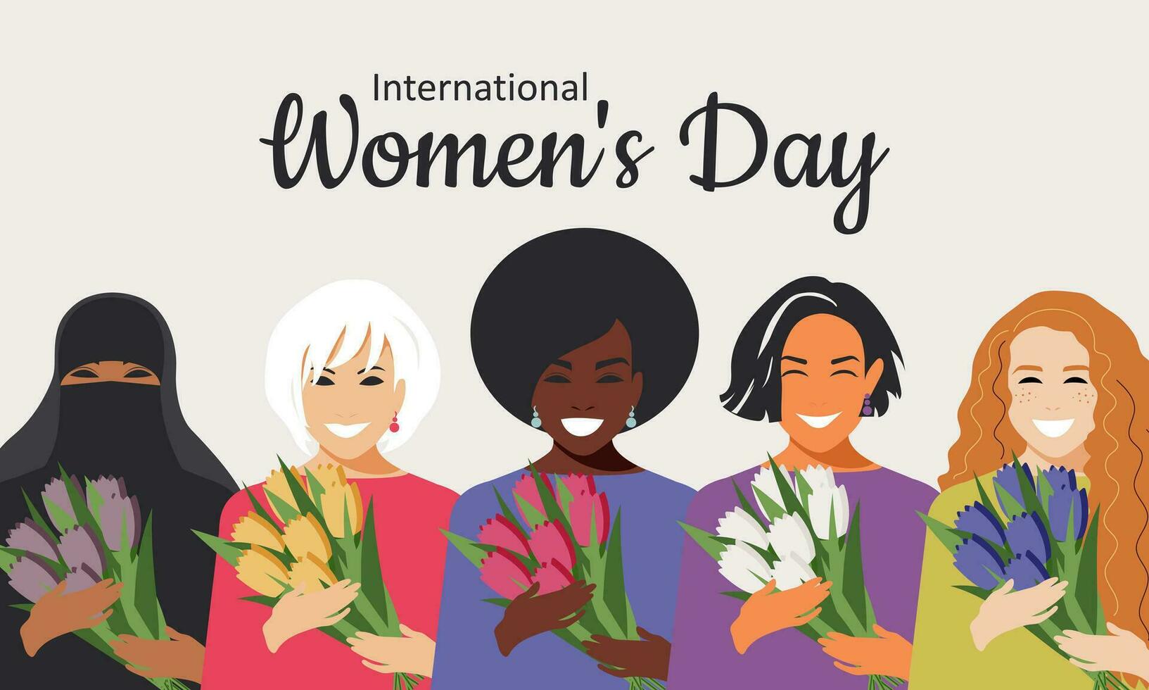 International Women's Day. Crowd of modern women of different nationalities and religions in flat design style. Women smile with happiness and hold tulips in their hands. Vector. vector