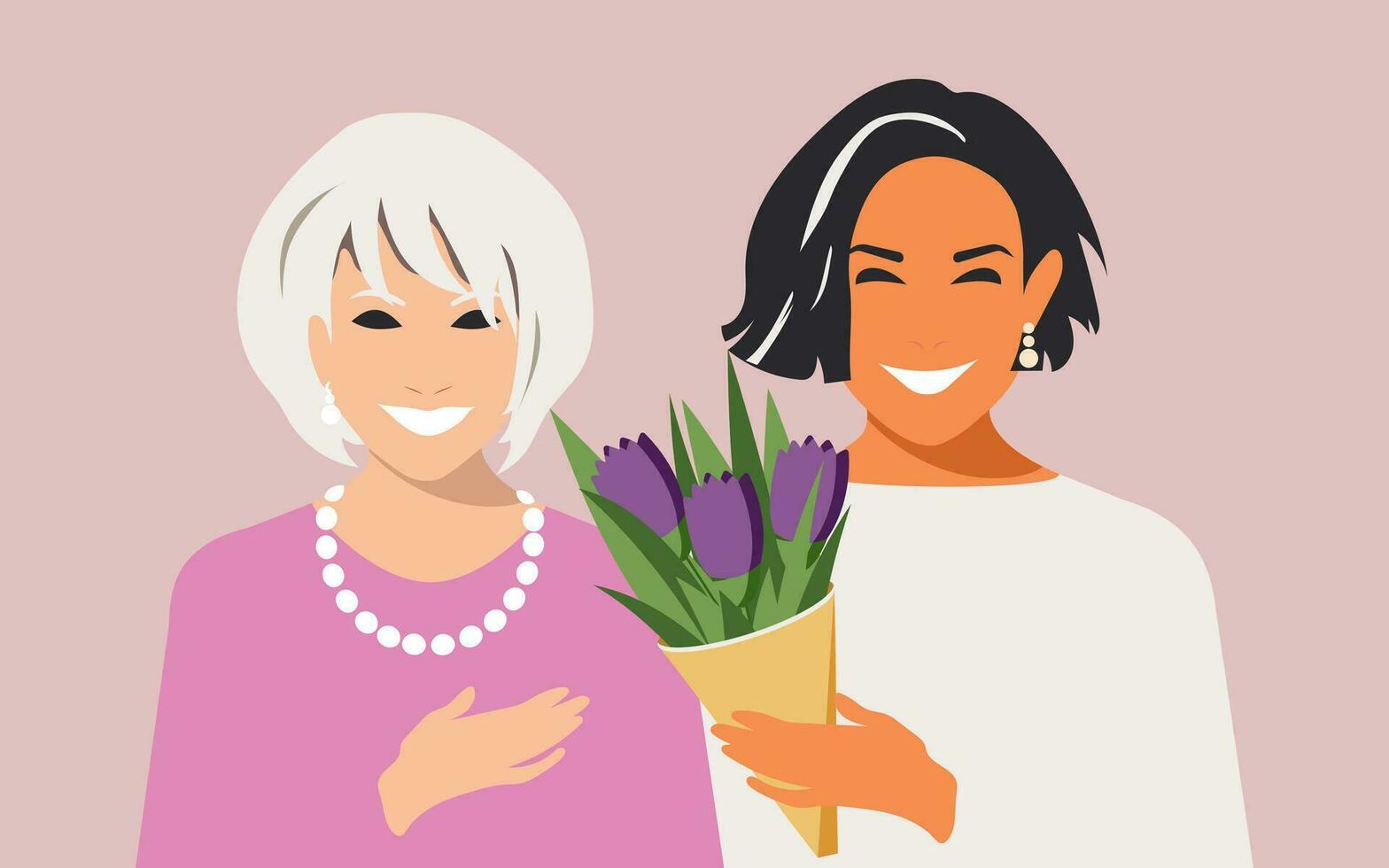 The daughter gives her mother a bouquet of purple tulips and hugs her. Mother's Day greeting card design in flat style. Female happy family portrait. Vector. vector