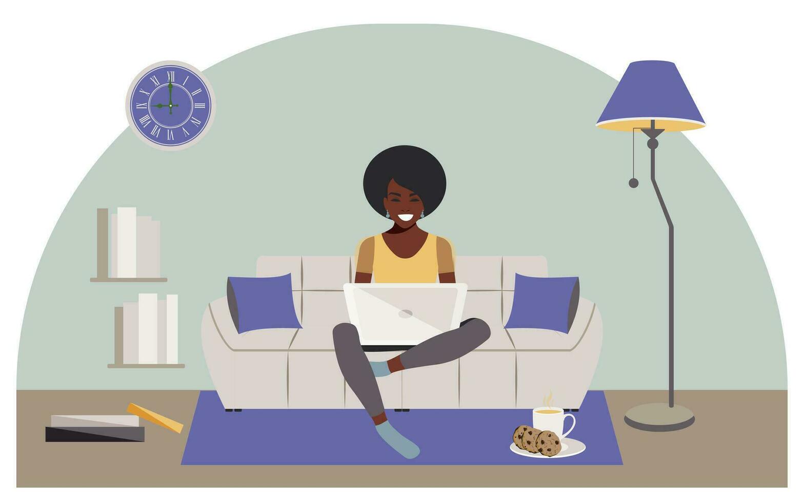 Happy swarthy woman sitting on comfortable gray sofa working with laptop at home during quarantine due to coronavirus. Modern concept of distance learning online. Vector. vector