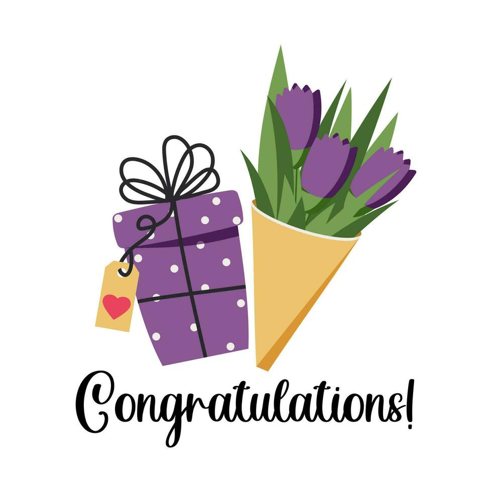 Congratulations card. A bouquet of spring flowers and a gift for Valentine's Day, International Women's Day or just for Birthday. Purple trending tulips and gift box on a white background. Vector. vector