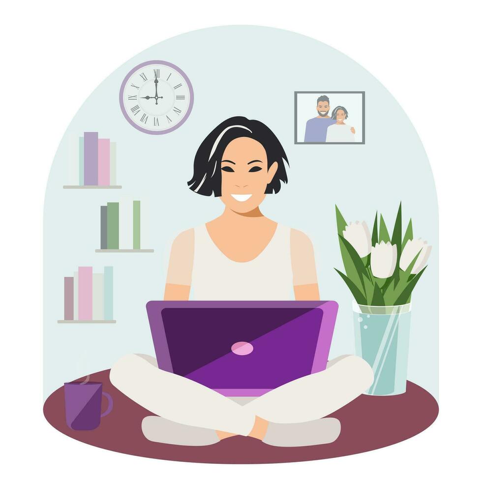 Stylish happy woman working at home with purple laptop in comfort during quarantine due to coronavirus. Modern concept of staying at home in flat style. Getting education remotely online. Vector. vector