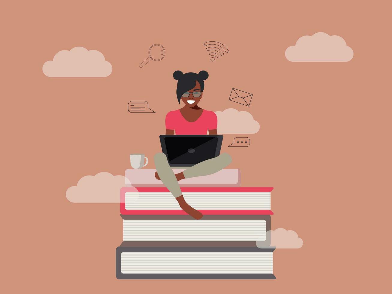 A young African American girl sits on a pile of books and uses a laptop. The concept of online learning and education, trainings. Pink background with clouds. Vector. vector