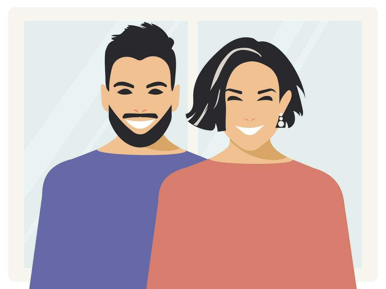 mundo sonrisa día. alegre Pareja con negro corto pelo se ríe y siente contento. póster diseño en plano estilo. hombre y mujer juntos. vector. vector