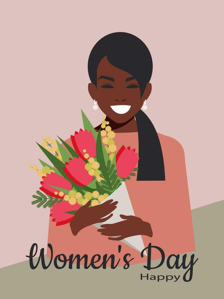 un elegante afroamericano belleza con oscuro piel y largo pelo atado en un cola de caballo sostiene un ramo de flores de flores en su manos. saludo tarjeta para De las mujeres día marzo 8. vector. vector