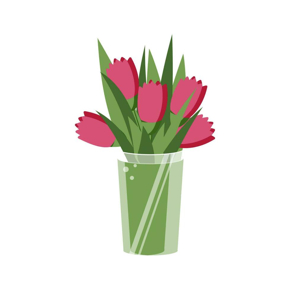A chic bouquet of five pink tulips stands in a transparent glass modern vase. Beautiful flowers isolated on white background for greeting card decor. Vector. vector