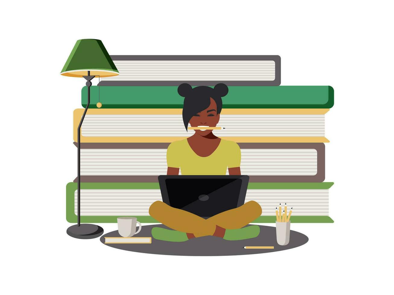 A female student studies at a computer in a good mood and sits near large books. Online education and learning concept in flat style. Book Festival at the Library. Vector. vector