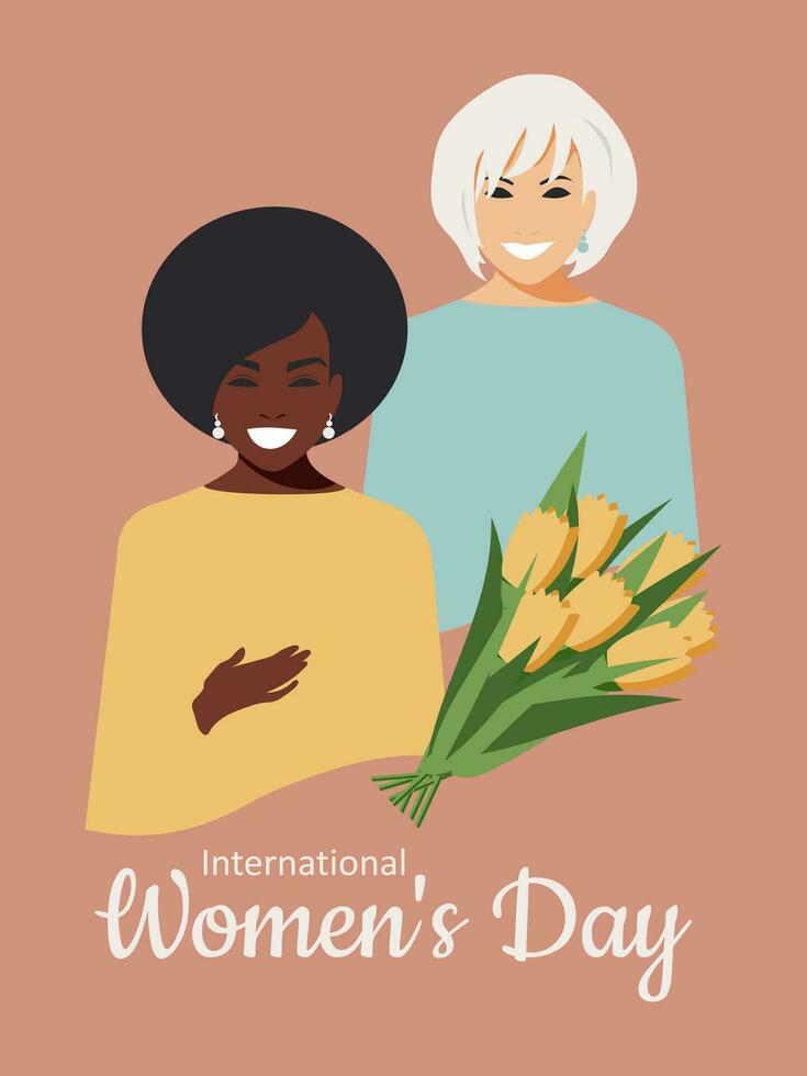 International Women's Day. Two modern stylish women of different nationalities and religions smile with happiness and equality. Vector. vector