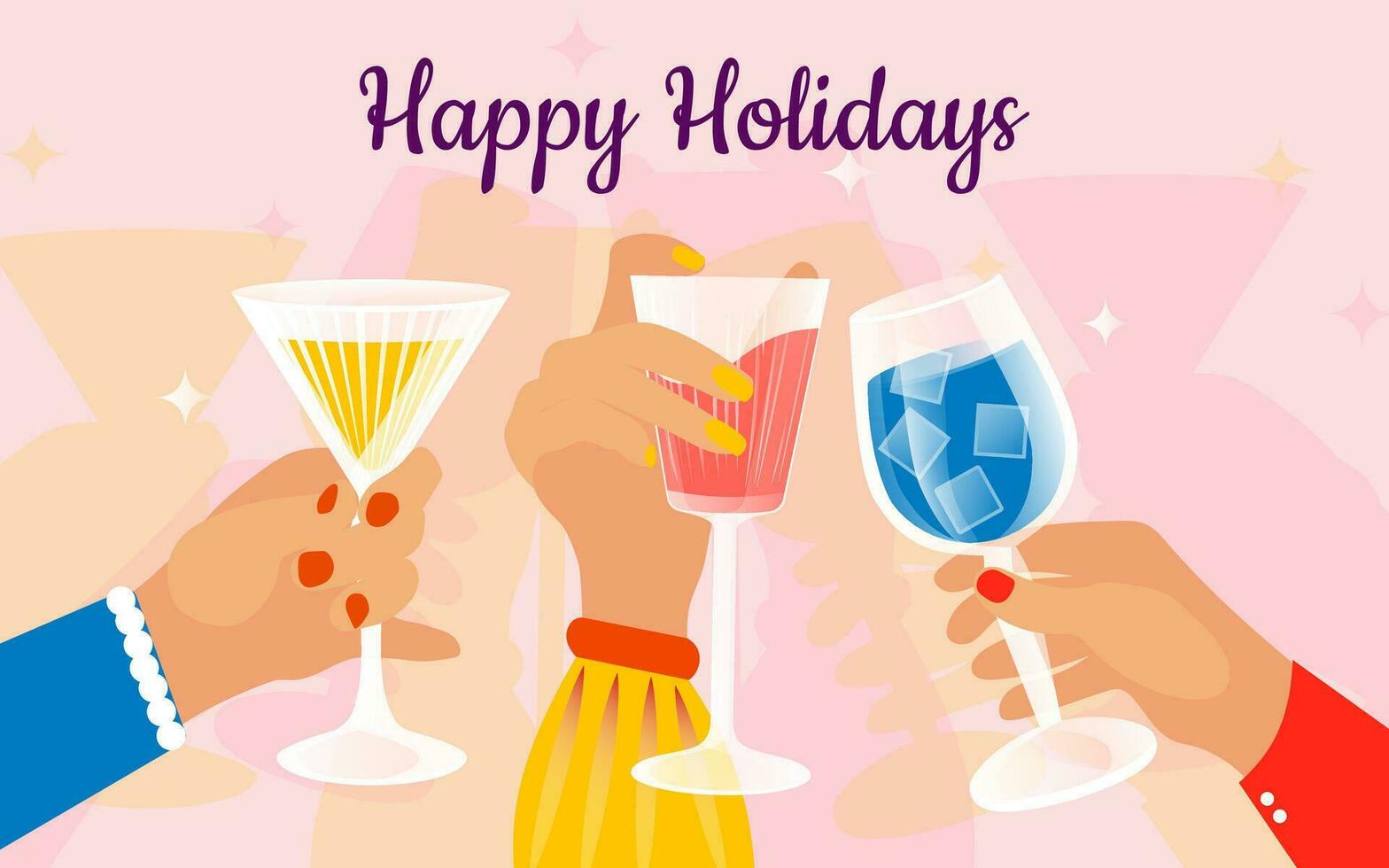 Happy Holidays. Celebration of New Year, Christmas, Birthday, Women's International Day or just a vacation. Cocktails in transparent glasses are held in hands on a pink background. Vector. vector