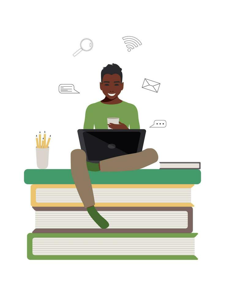 African American cheerful student, the guy sits with a laptop on the books. Online education concept in flat style. Stay at home. Vector. vector