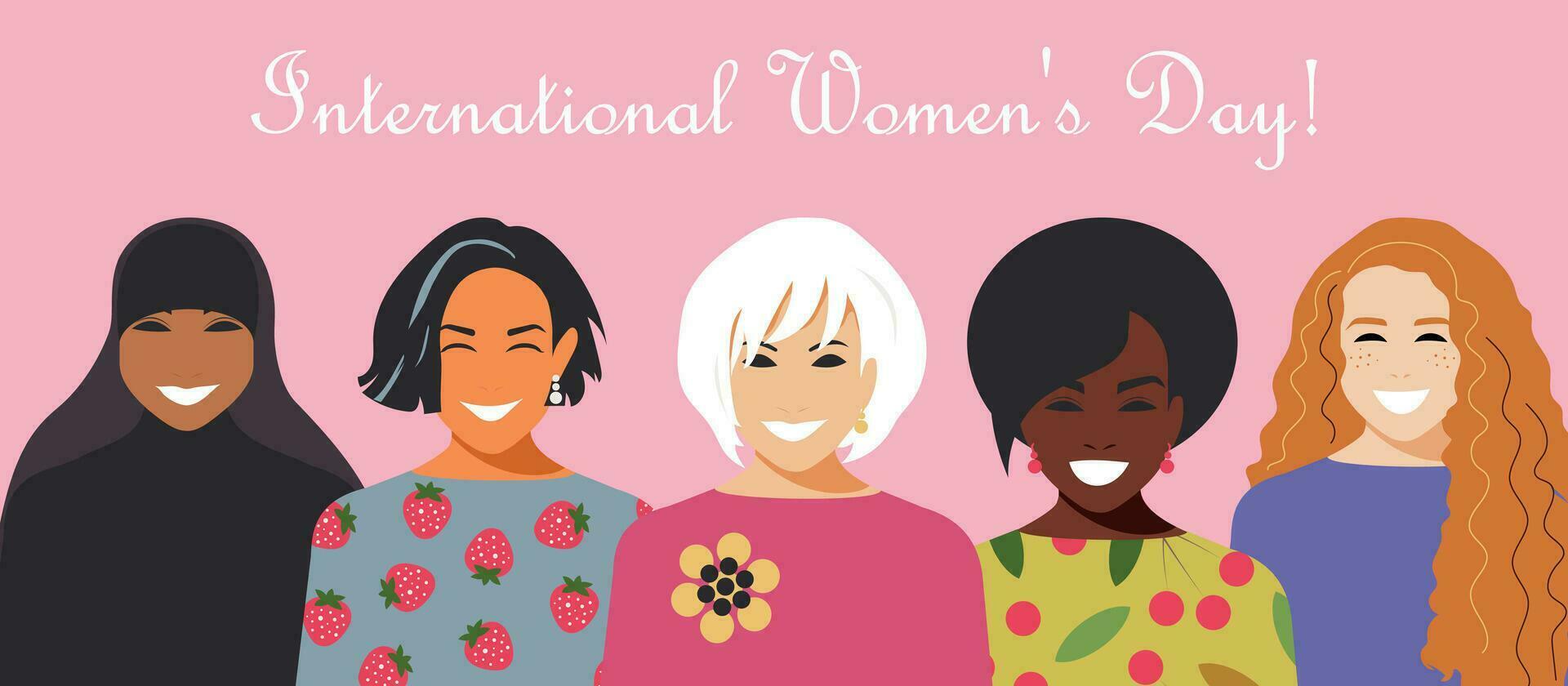 internacional De las mujeres día. multitud de moderno elegante mujer de diferente nacionalidades y religiones rosado póster con contento personas en el lucha para igual derechos. vector. vector