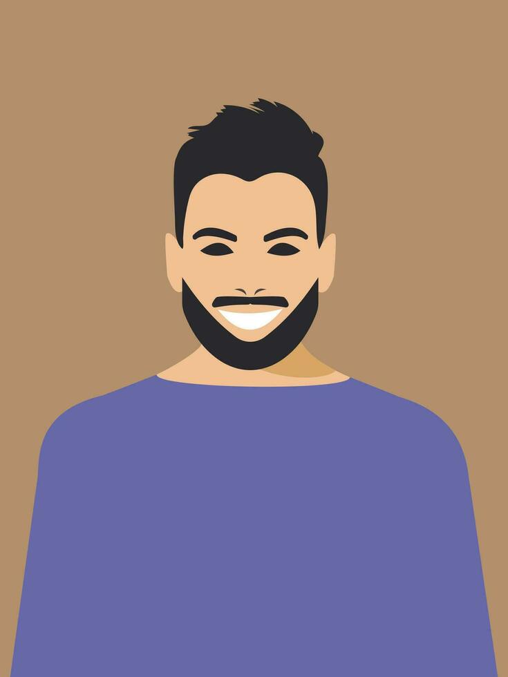 un elegante hombre con un barba, Bigote y de moda Corte de pelo con negro corto pelo se ríe y siente contento. plano estilo póster diseño con marrón antecedentes. vector. vector