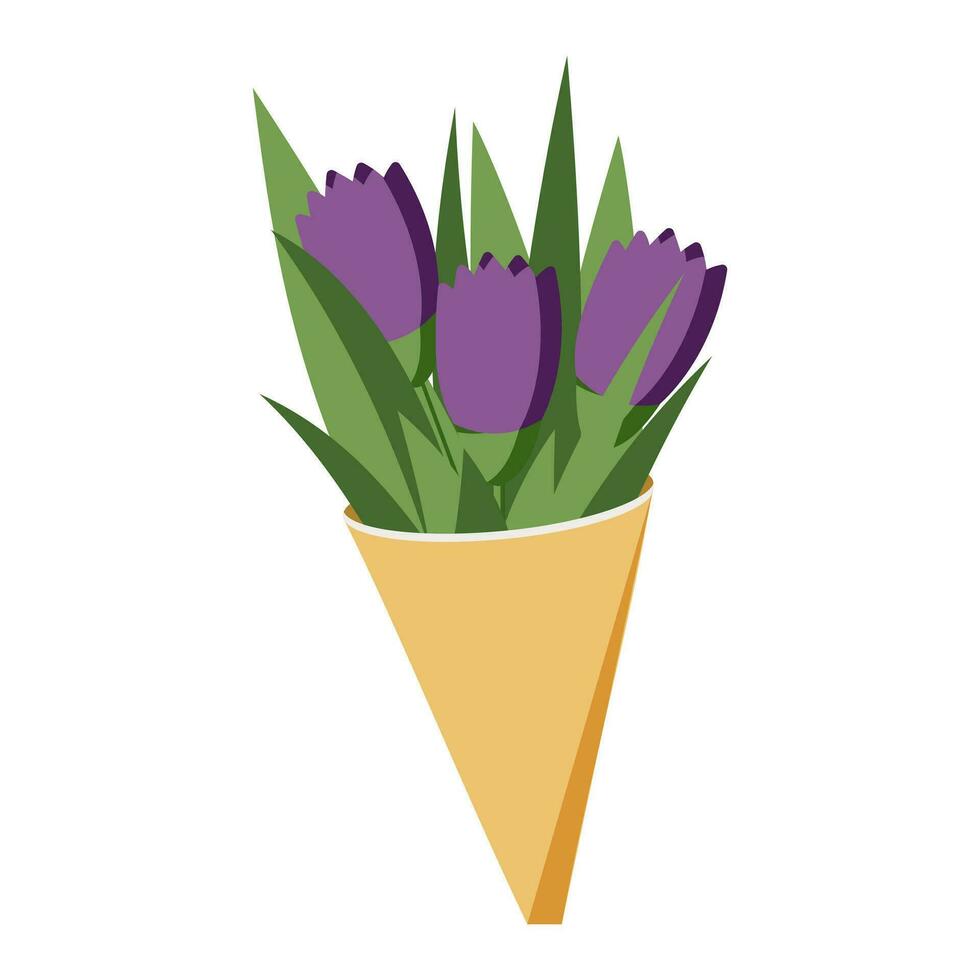 Bouquet of three beautiful purple tulips in paper wrapping, isolated on white background for postcard decoration. Congratulatory spring print for women on March 8. Vector. vector