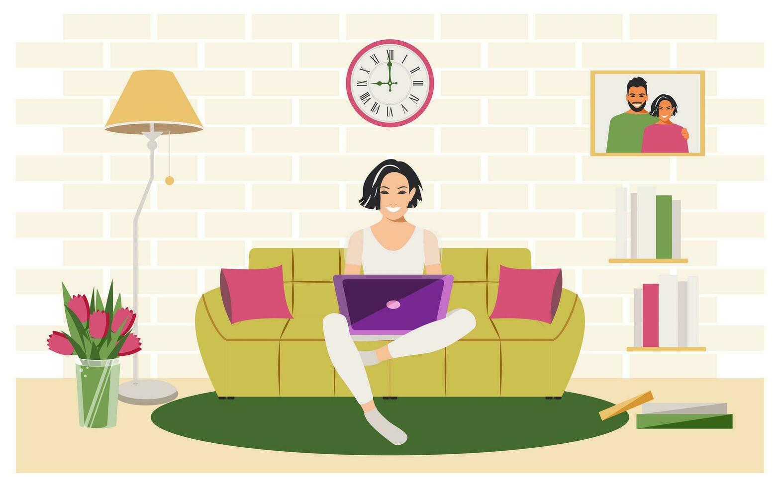 Happy woman sitting on a comfortable sofa working comfortably with a laptop during quarantine due to coronavirus. The modern concept of online education distance learning. Vector. vector