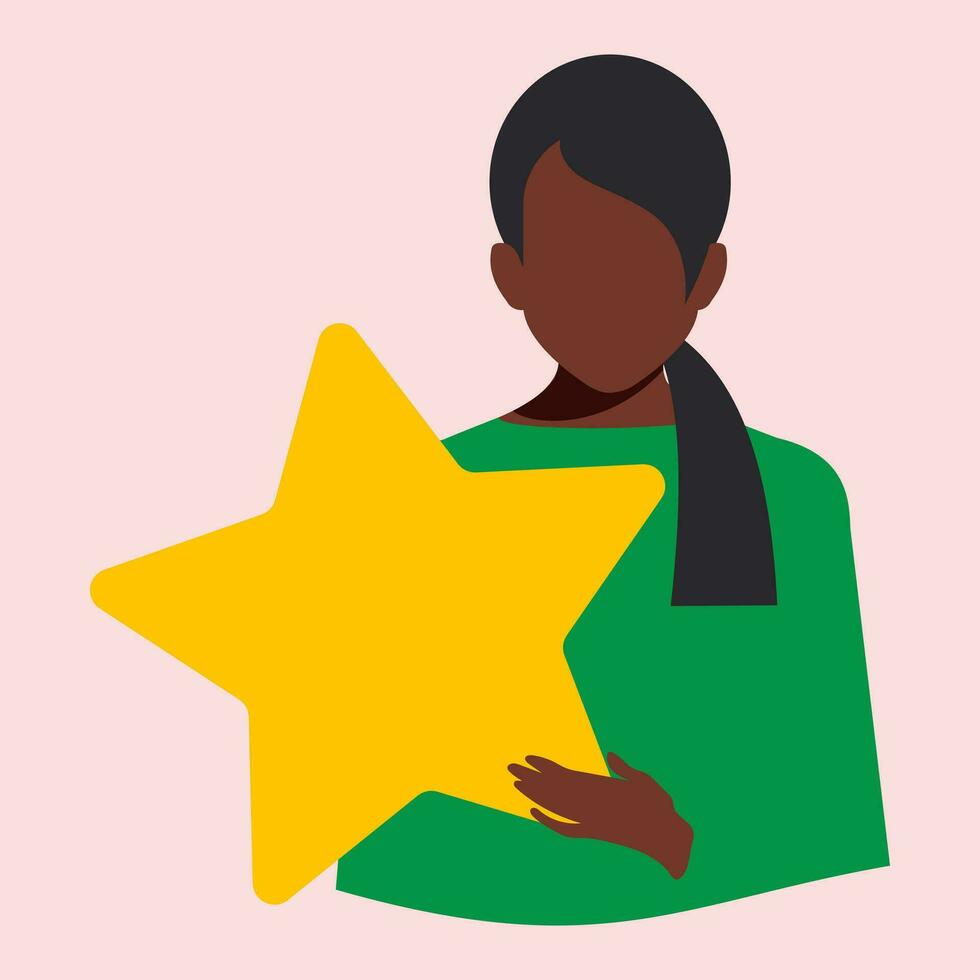 African American woman in a green dress holding a yellow star on a pink background. The manager of the online store invites the client to evaluate the level of service, leave a review. Vector. vector