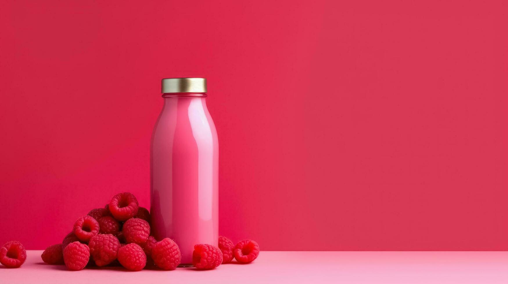 Raspberry smoothie  in a bottle isolated on pink background photo