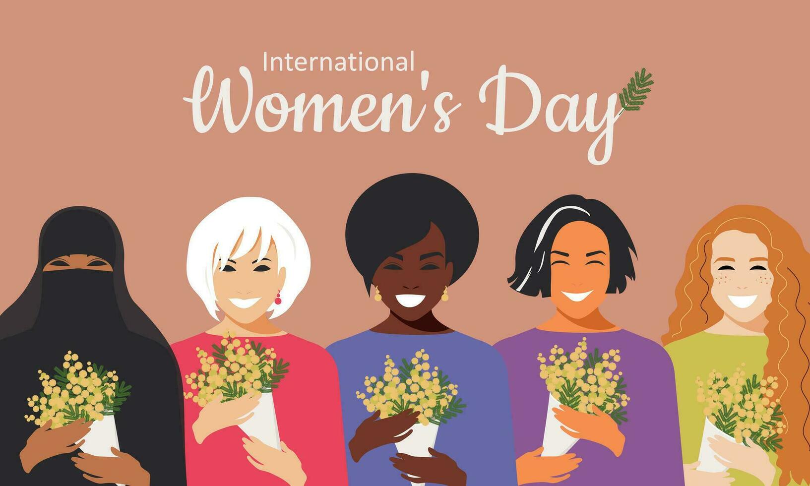 International women's day with bouquets of mimosa spring flowers. A crowd of modern stylish women of different nationalities and religions smiles from happiness and equality. Vector. vector