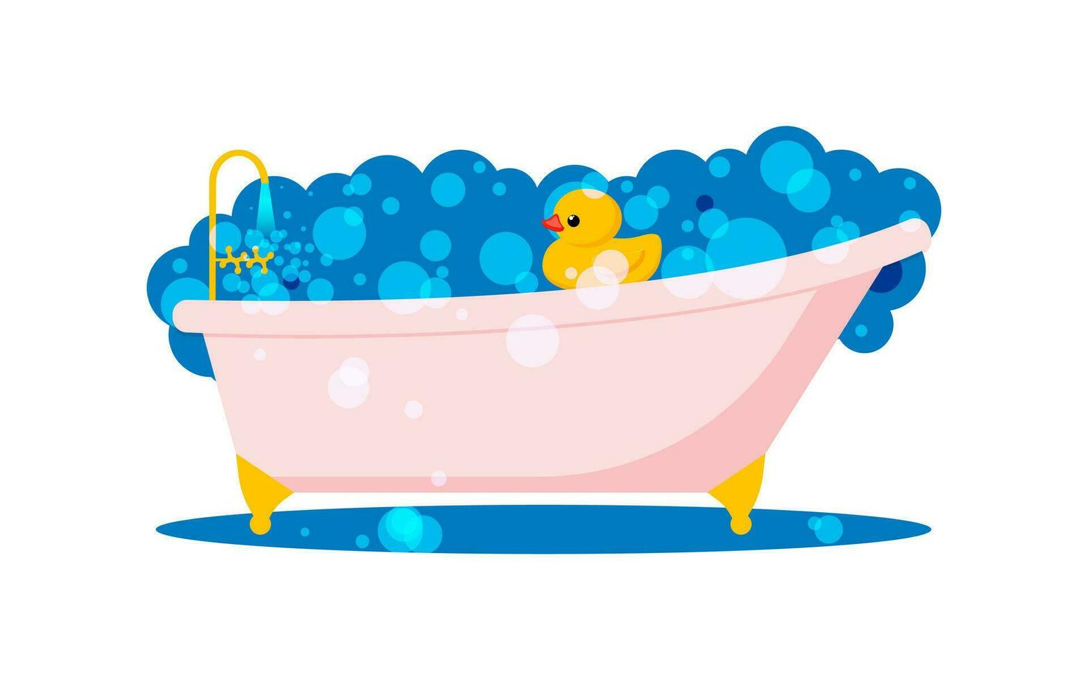 Yellow cute rubber duck swims in a pink bubble bath. Bathing and washing with toys. Vector. vector