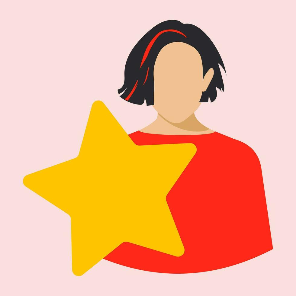 A woman in a red dress holds a yellow star on a pink background. The manager of the online store invites the client to evaluate the level of service, leave a review. Flat style. Vector. vector