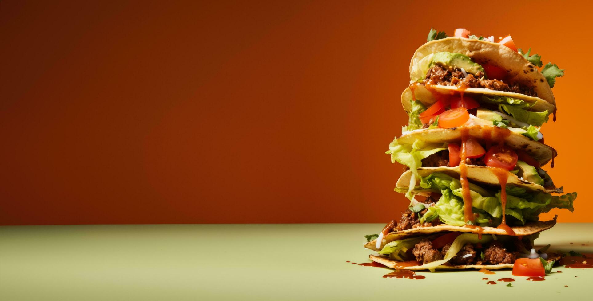 Stack taco in creative art way isolated on vivid background photo