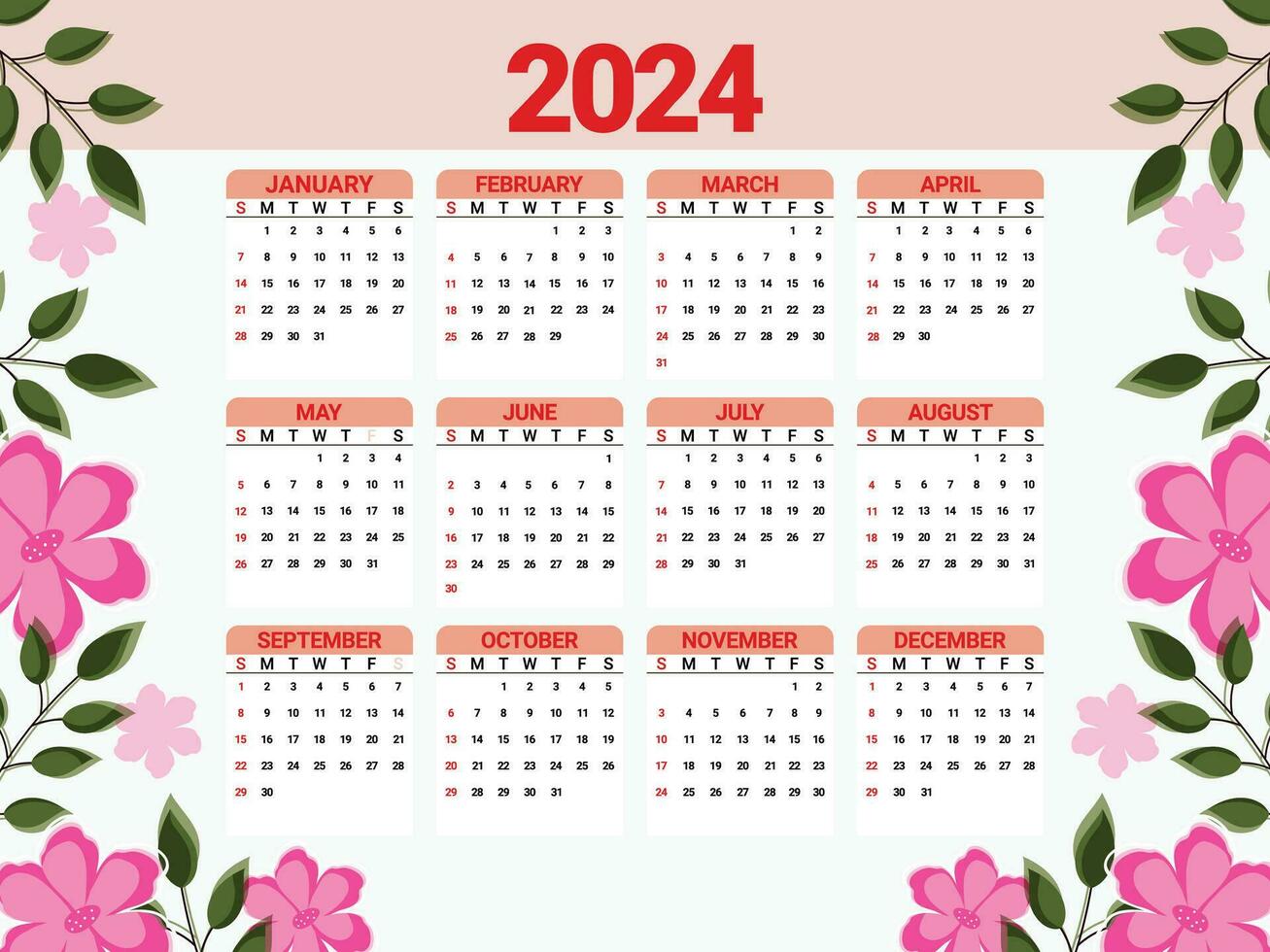 Calendar of 2024 with floral background vector