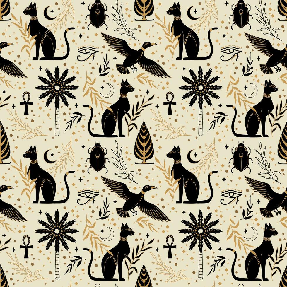 Ancient Egypt cat, duck, symbol. Vector illustration. Seamless pattern