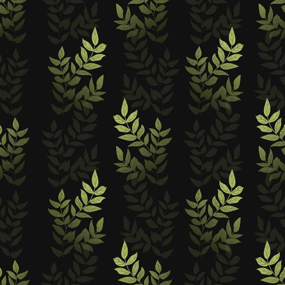 Green leaves on a dark background. Gradient. Seamless pattern. Vector illustration. textures for textiles, fabric design, packaging, scrapbooking, wallpaper, etc.