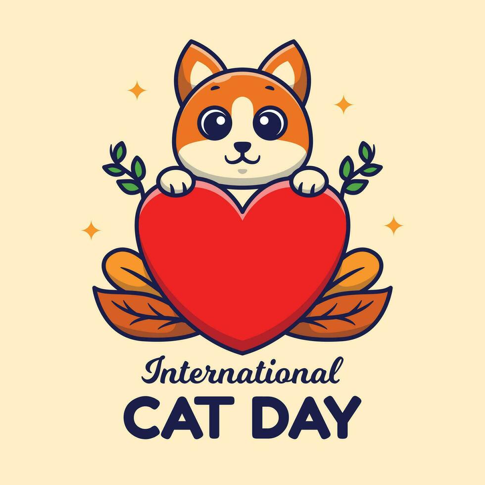 International Cat Day Vector Cartoon Illustration. Cute Cat Hugging Heart Flat Cartoon Concept.