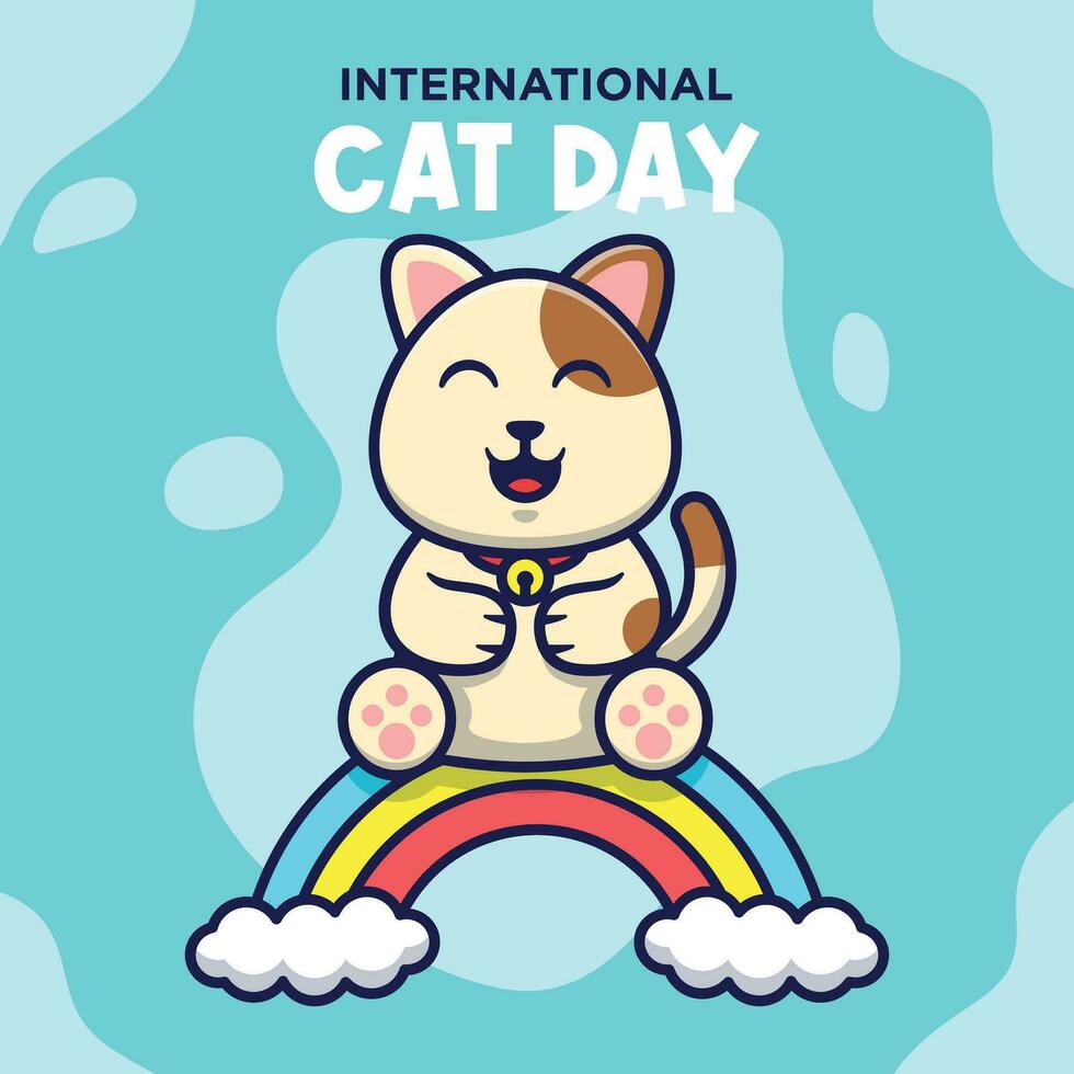 International Cat Day With Rainbow Vector Cartoon Illustration. Cute Cat Flat Cartoon Concept.