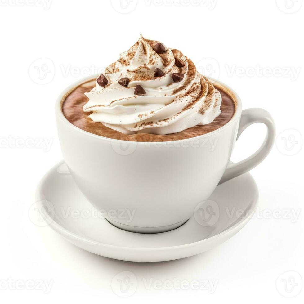 Hot chocolate in a white cup isolated on white background photo